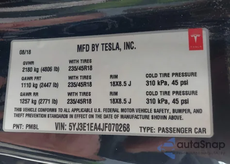 2018 Tesla Model 3 from USA, damaged, VIN 5YJ3E1EA4JF070268